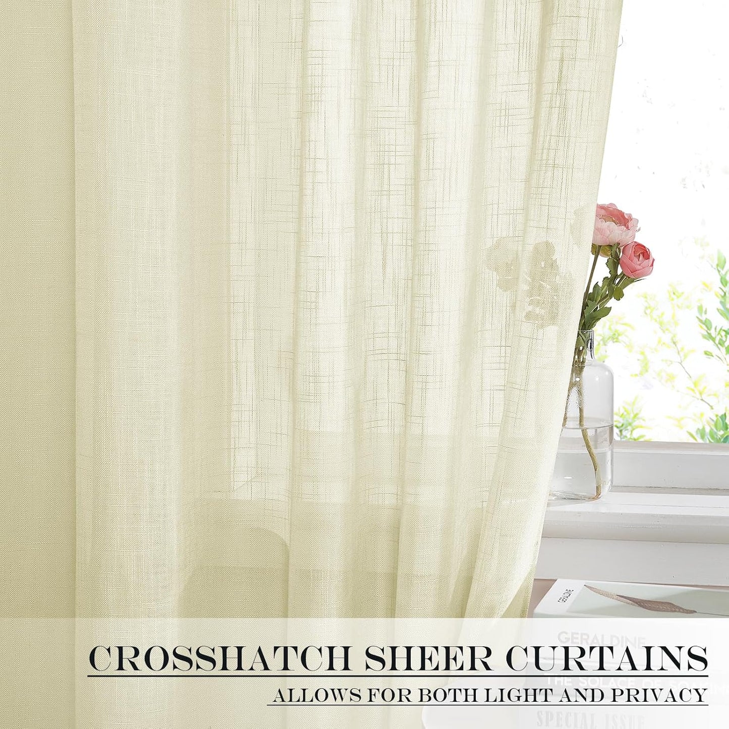 NICETOWN French Sheer Door Panel - Translucent Privacy Sheer with Light Filter Linen Look Textured French Door Curtains (52 inches Width by 40 inches Long, 1 Panel with Tieback, Yellow)