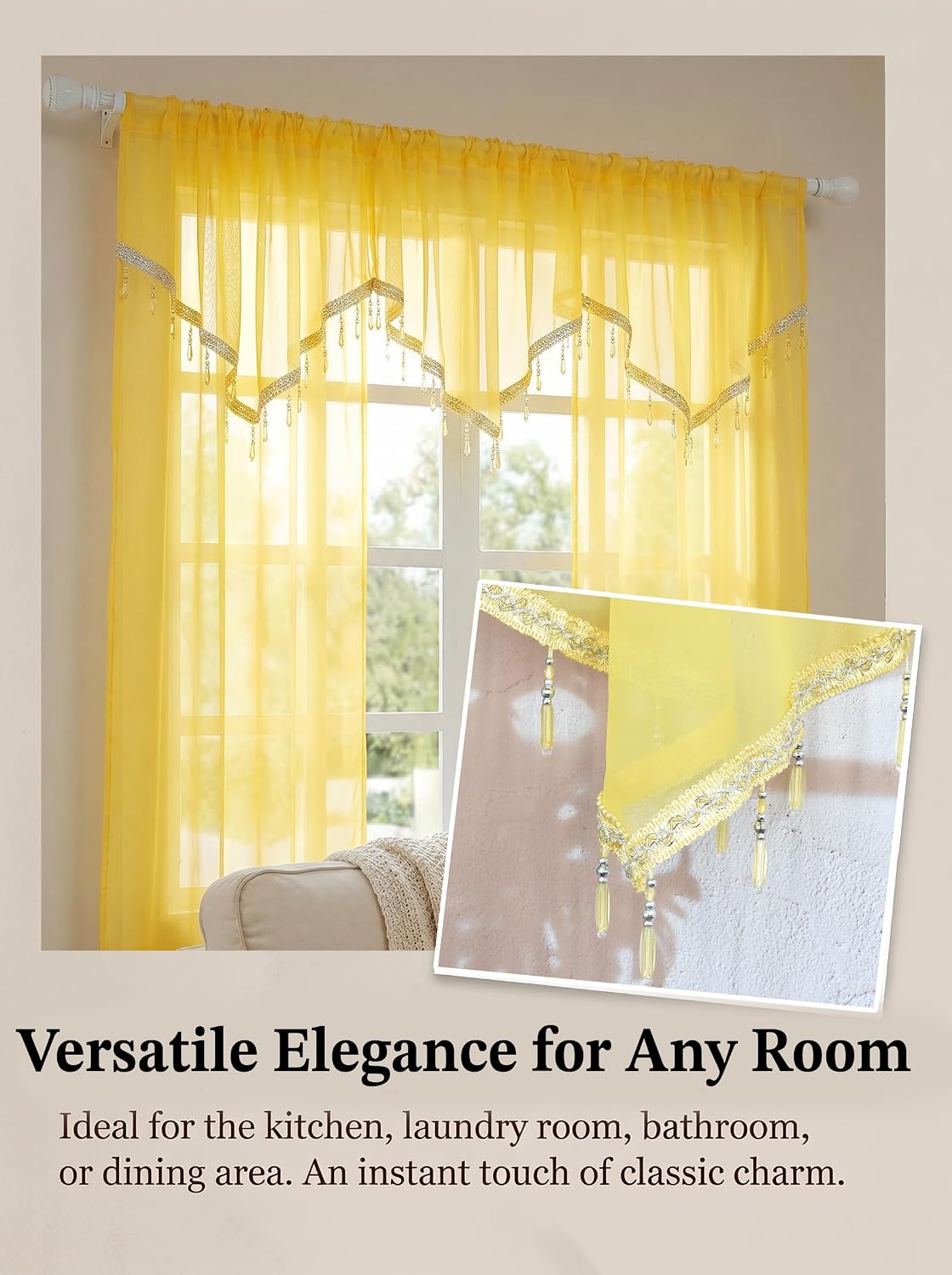 Molaxhome Swag Curtain 51 inch Length Rod Pocket Scalloped Curtain Valance Sheer Lace Panels with Hanging Crystal Beads for Kitchen Bedroom Window Treatments Drape Decor 1pc (Yellow, 51Wx23L)