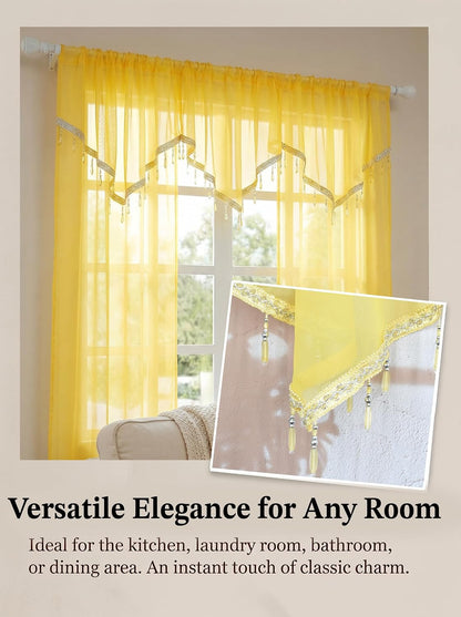 Molaxhome Swag Curtain 51 inch Length Rod Pocket Scalloped Curtain Valance Sheer Lace Panels with Hanging Crystal Beads for Kitchen Bedroom Window Treatments Drape Decor 1pc (Yellow, 51Wx23L)