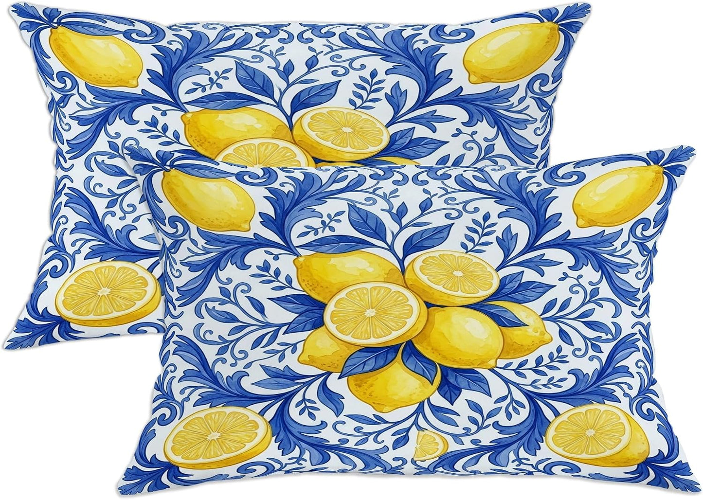 Lemon Throw Pillow Covers Set of 2, Mediterranean Traditional Leaf Flower Summer Yellow Soft Velvet Washable Cushion Covers Pillow for Living Room Bed Office Sofa Chair Decor 20x12 Inch
