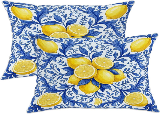 Lemon Throw Pillow Covers Set of 2, Mediterranean Traditional Leaf Flower Summer Yellow Soft Velvet Washable Cushion Covers Pillow for Living Room Bed Office Sofa Chair Decor 20x12 Inch
