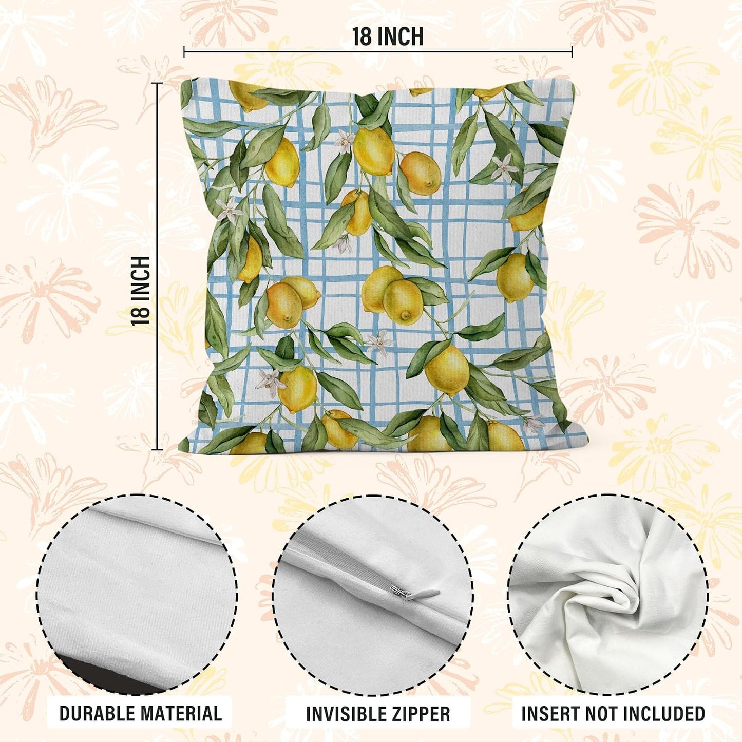 Lemon Pillow Covers 18x18,Yellow and Blue Mediterranean Summer Lemon Decor, Yellow and Blue Mediterranean Summer Throw Pillow Covers for Home Bedroom Couch