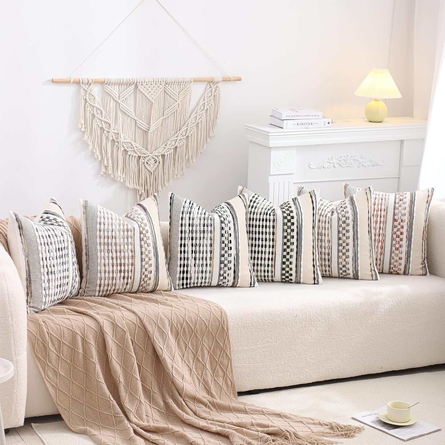 Boho Outdoor Throw Pillow Covers 18x18 Set of 2 Farmhouse Decorative Cushion Case Striped Square Pillow Cover Chenille Pattern Pillow Cases Accent Neutral Pillowcase,Rust Blue and Yellow