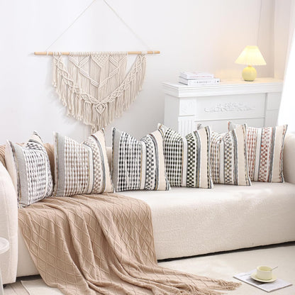 Boho Outdoor Throw Pillow Covers 18x18 Set of 2 Farmhouse Decorative Cushion Case Striped Square Pillow Cover Chenille Pattern Pillow Cases Accent Neutral Pillowcase,Rust Blue and Yellow