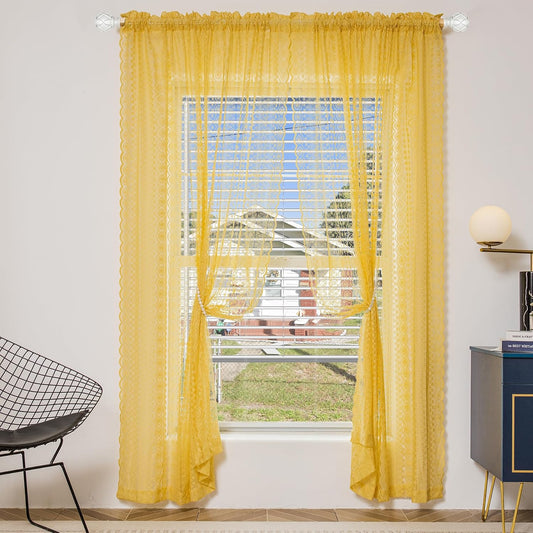 Mustard Yellow Lace Curtains - Scalloped Lace Sheer Panels, Boho & Vintage Decor, Crochet Lace, Elegant Victorian Window Curtains for Living Room, Bedroom, & More, 63 inch Length, Set of 2