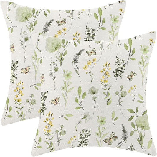 AEIOAE Spring Pillow Covers 18x18 Inch Set of 2, Sage Green Yellow Wild Flower Throw Pillows Case,Colorful Seasonal Floral Plant Outdoor Decorative Farmhouse Decor Cushion Covers for Sofa Bed Couch