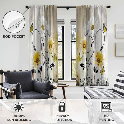 AAtter Yellow Floral Window Curtains for Bedroom, 42" W x 63" L Rod Pocket Polyester Fabric Drapes with Sunflower and White Daisy Butterfly Pattern Farmhouse Decor