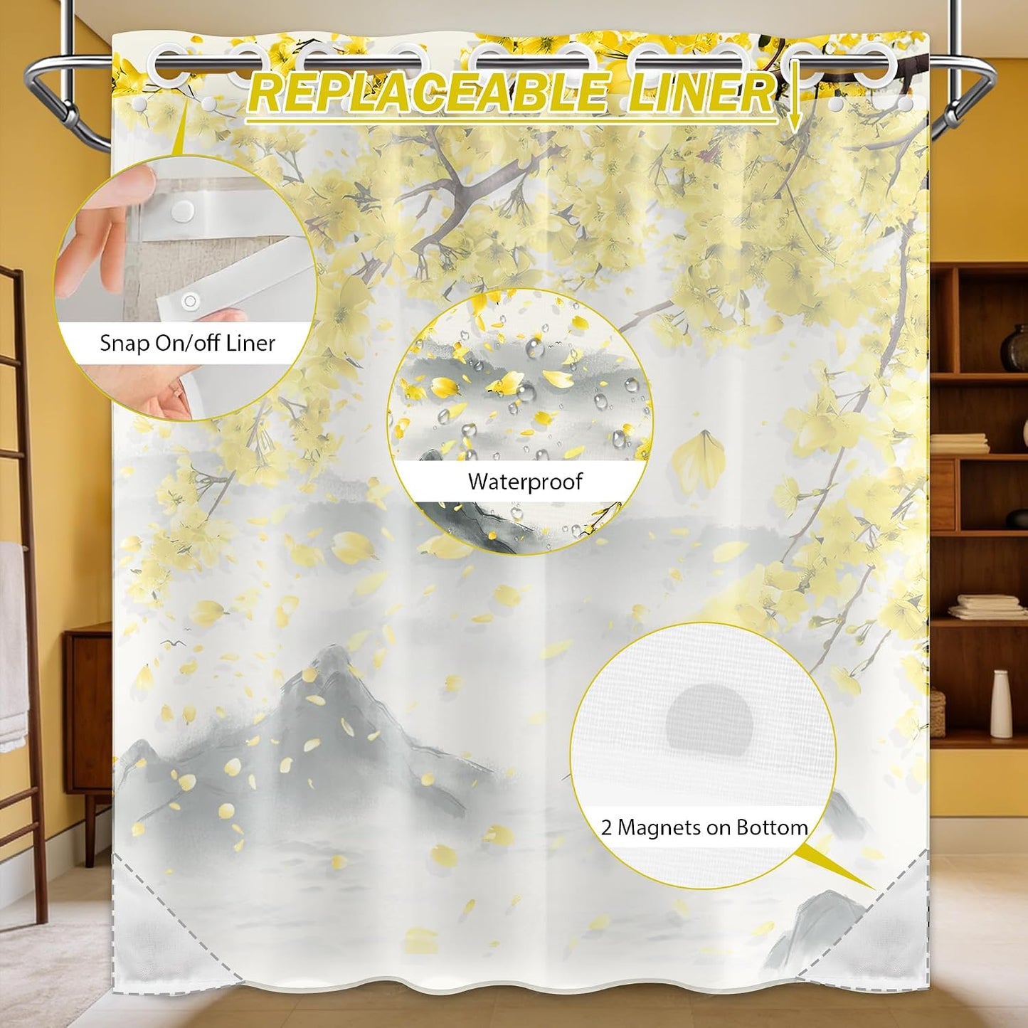 Yellow Floral Hookless Shower Curtain with Snap in Liner Set, Mustard Gray Anime No Hook Shower Curtains for Bathroom Double Layer Ringless Liner with Magnets Waterproof Fabric, 71 x 74 Inch