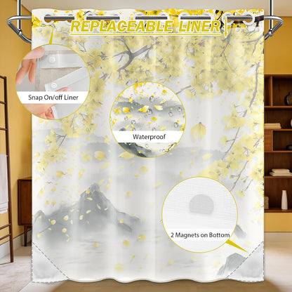 Yellow Floral Hookless Shower Curtain with Snap in Liner Set, Mustard Gray Anime No Hook Shower Curtains for Bathroom Double Layer Ringless Liner with Magnets Waterproof Fabric, 71 x 74 Inch