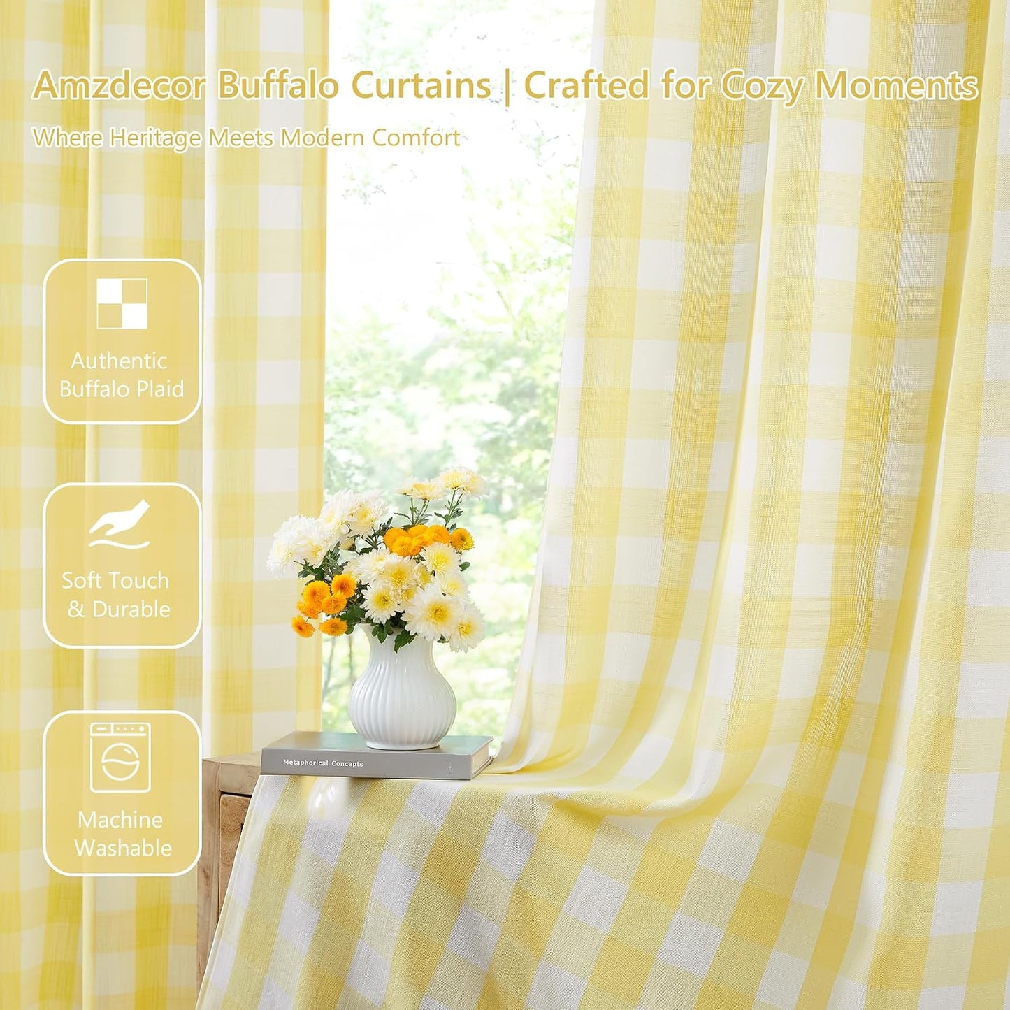 Amzdecor Buffalo Plaid Grommet Curtains 54 Inch Length, Semi-Sheer Gingham Checkered Textured Drapes Rustic Window Treatment for Living Room Bedroom Farmhouse,2 Panels （40" x 54",Yellow & White）