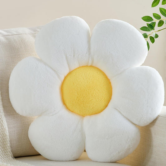 CANGHI Flower Pillow White Yellow 15.7" Plush Throw | Cute daisy shaped aesthetic cushion for bed, sofa, chair & floor seating, cozy floral home accent.