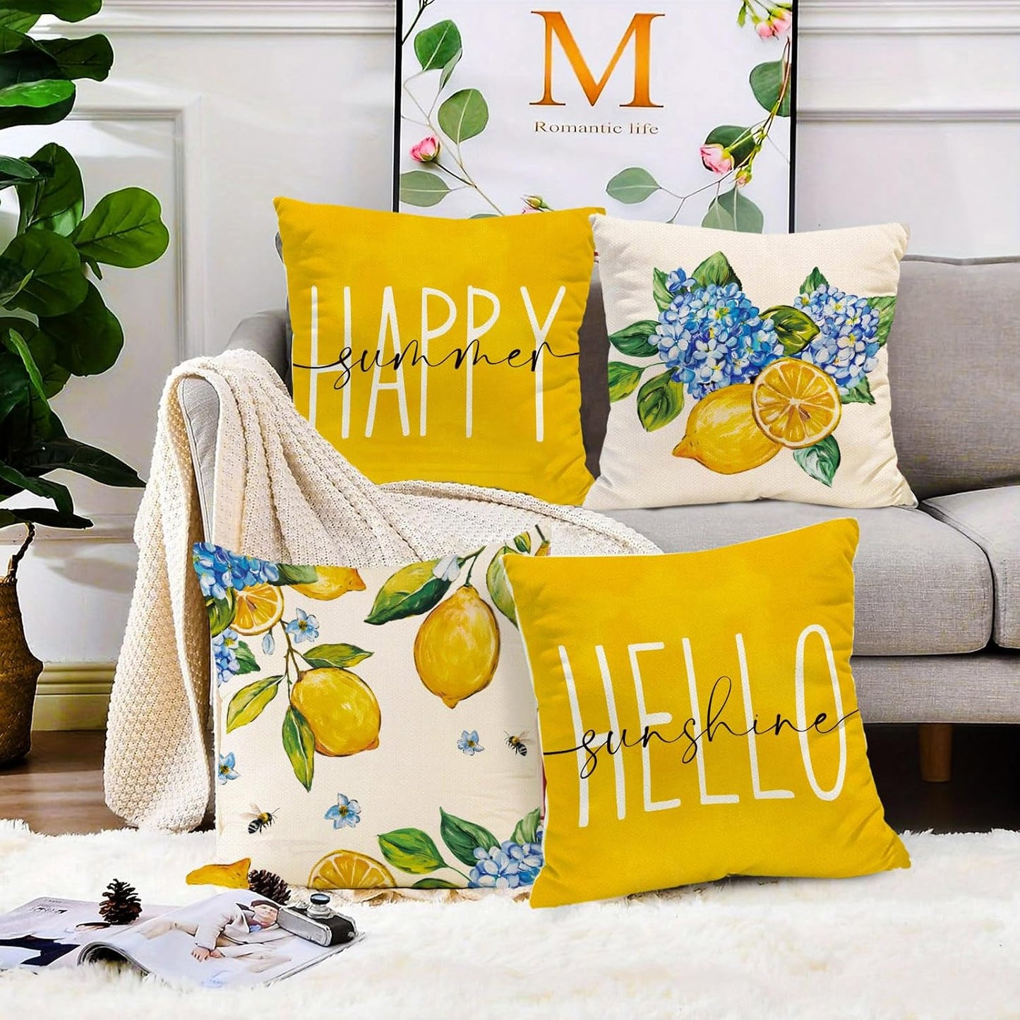 Spring Summer Lemon Pillow Covers Blue Hydrangea 18 x 18 Inch Throw Pillows, Hello Sunshine Decorative Farmhouse Cushion Case for Sofa Couch Set of 4