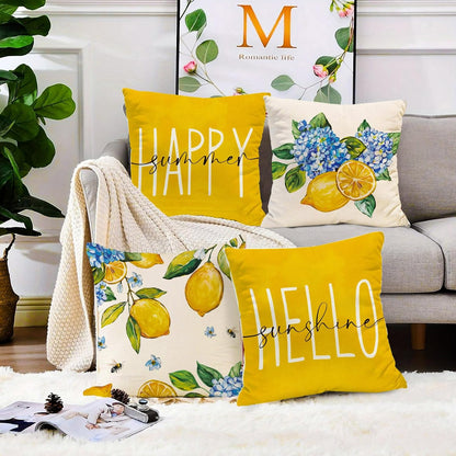 Spring Summer Lemon Pillow Covers Blue Hydrangea 18 x 18 Inch Throw Pillows, Hello Sunshine Decorative Farmhouse Cushion Case for Sofa Couch Set of 4