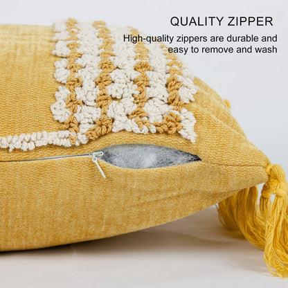 Mustard Yellow Boho Throw Pillow Cover 12x 20, Striped Tufted Neutral Cotton Pillow Cases,Farmhouse Rustic Bedroom Decor for Outdoor Couch Bedroom Car