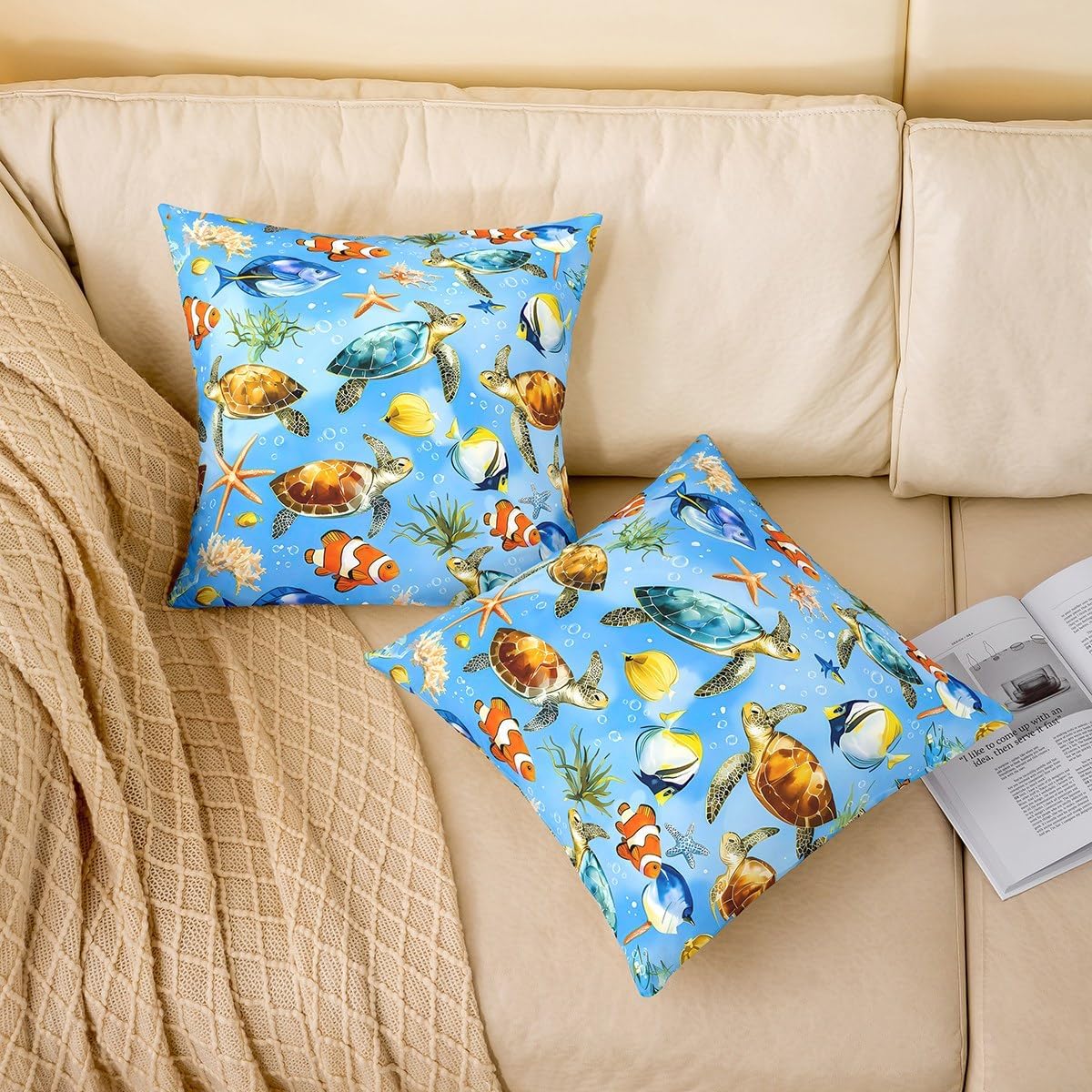 jejeloiu Sea Turtle Cushion Case,Fish Throw Pillow Covers 22"x22" 1Pcs,for Sofa Couch Bed Chair Car Beach Starfish Bedroom Home Decor,Summer Ocean Marine Underwater Animal Pattern