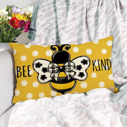 Fahrendom Spring Honey Bee Kind Lumbar Decorative Rectangle Pillow Cover 12 x 20, Summer Bumble Bee Yellow Porch Patio Outdoor Pillowcase, Polka Dots Seasonal Sofa Couch Cushion Case Home Decor