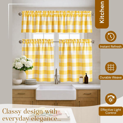 Buffalo Check Farmhouse Window Curtain Set, Valance 54x18 with Tier Curtains 26x36, 3 Piece Rod Pocket Curtains for Kitchen, Dining, Bathroom, Café Décor, Lemon Yellow
