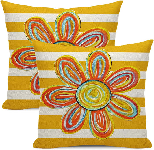 Summer Pillow Covers 18x18 Set of Yellow Striped Floral Throw Pillow Covers Outdoor Decoration Spring Modern Colorful Flower Farmhouse Square Decorative Cushion Cover for Home Sofa Couch