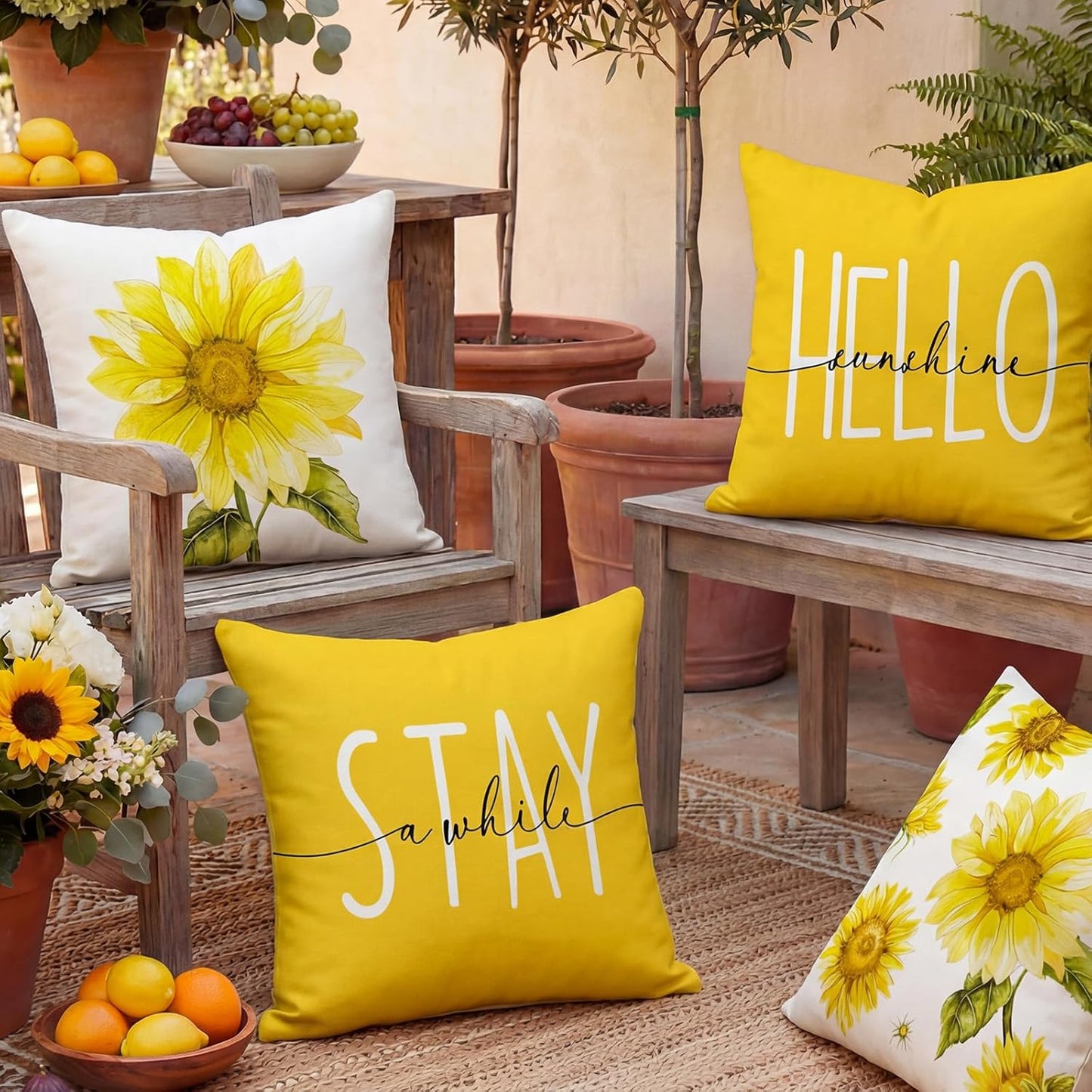 Spring Sunflower Decor Outdoor Throw Pillow Covers Waterproof 18x18 Inches Set of 4, Summer Sun Flower Decorative Pillows for Couch Porch and Patio Furniture, Mustard Yellow Floral Farmhouse Pillow