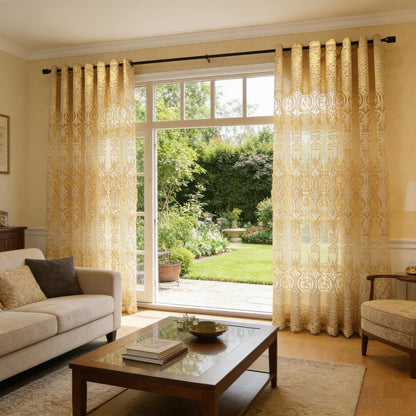 European Style Sheer Curtain - Grommet Top Luxury Window Screening for Living Room, Bedroom, Balcony - Hollow Semi-Shading Voile, Simple Modern Drape
