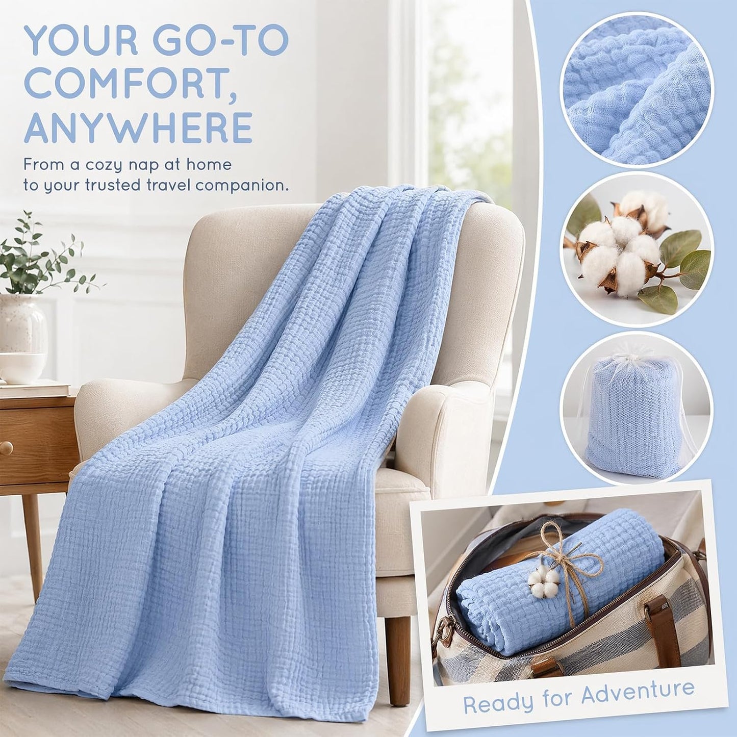 Cotton Muslin Throw Blanket for Adults - 6-Layer Breathable Cooling Summer Blanket - Soft Lightweight Gauze Bedding for Couch Travel & Sleep (130 × 150 cm / 51.18 × 59.06 in,Yellow)