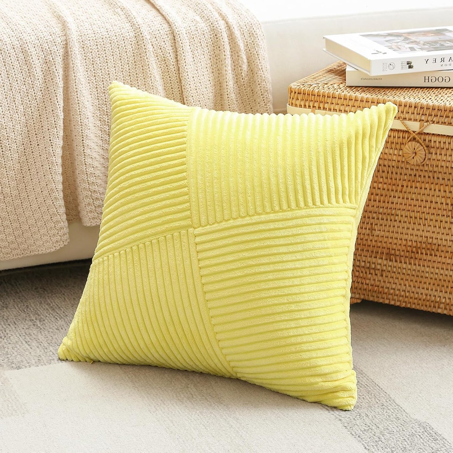 OTOSTAR Set of 1 Decorative Throw Pillow Cover Soft Corduroy Solid Square Pillow Cases Boho Striped Windmill Patchwork Textured Cushion Cover for Sofa Car Bed Living Room 18x18 Inch, Yellow