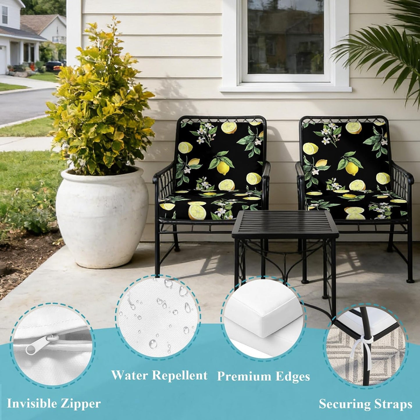 Yellow Lemon Summer Indoor/Outdoor Seat Cushions Cover, Farmhouse Tropical Fruit Black Waterproof Patio Chaise Lounge Cushion Cover for Beach Pool Side Chair Cushions 20''x18''x2pcs