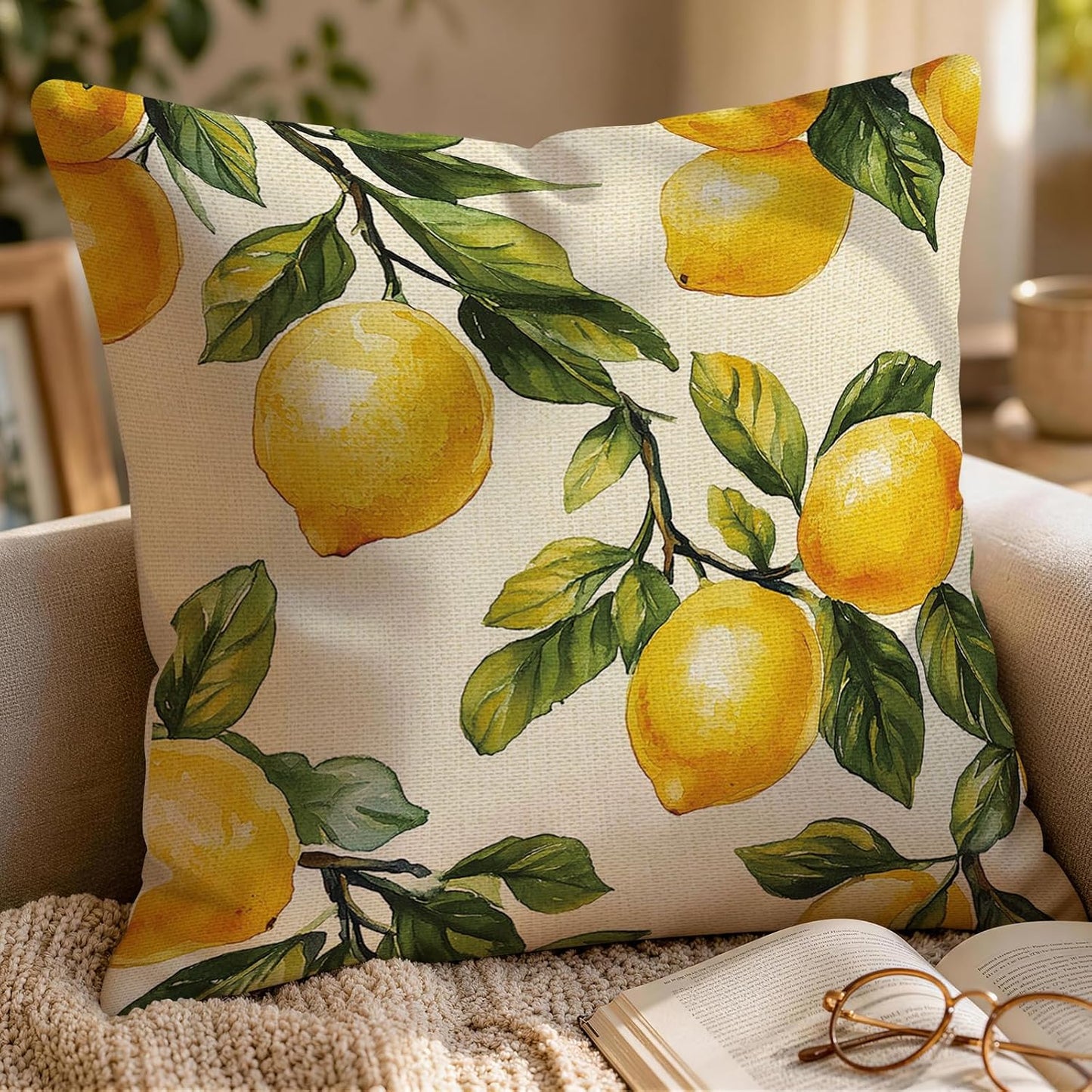 Summer Lemon Throw Pillow Covers, 18X18 inch Set of 4 Square Modern Outdoor Pillow Cases Decorative Cushion Covers, for Home Couch Sofa Car Decor
