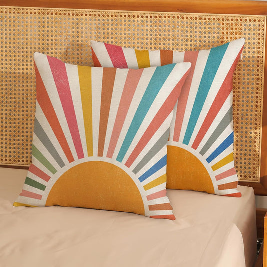 Summer Pillow Covers 18x18 Set of 2 Colorful Stripes Yellow Sunshine Throw Pillows Outdoor Boho Rainbow Sun Decorative Pillow Cases Linen Modern Farmhouse Cushion Case for Home Bedroom Decor