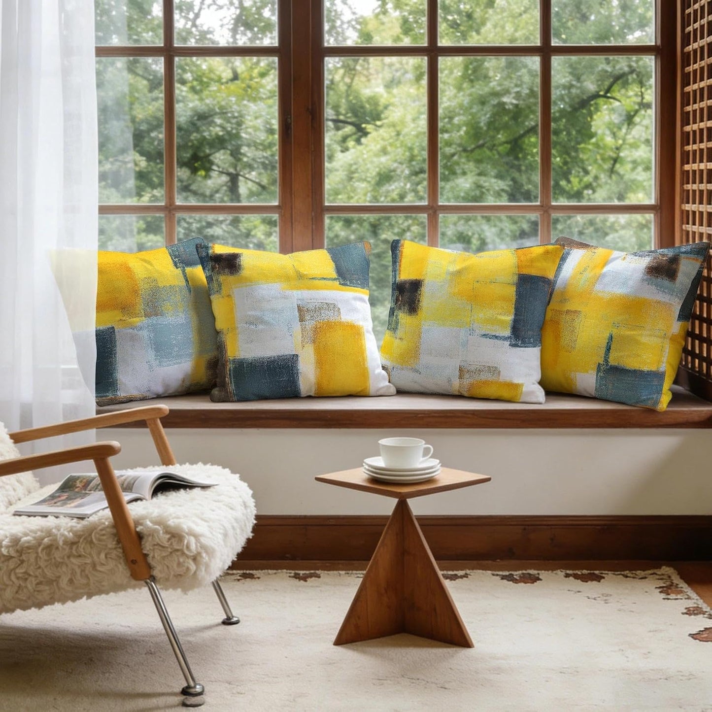 4 Pack Yellow Grey Throw Pillow Covers 18x18 Printed Art Decor, Polyester Modern Abstract Art, Decorative Cushion Cases for Couch Sofa Bed, for Family Friend, Vibrant Home Decor