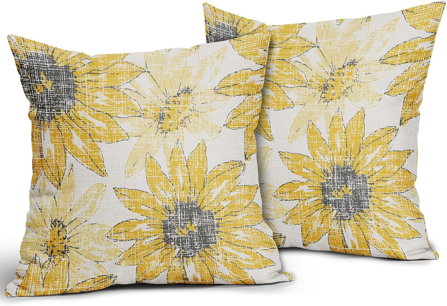 Sweetshow Dark Light Yellow Pillow Covers 16x16 Set of 2 Retro Sunflower Flowers Print Decorative Throw Pillows Outdoor Modern Art Floral Pillowcase Square Linen Cushion Case for Home Sofa Couch Bed