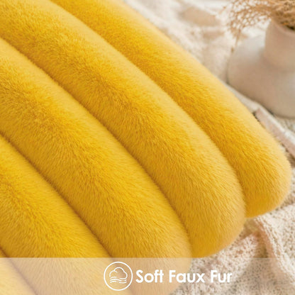 Faux Fur Throw Pillow Covers 20x20 Inch Yellow, Pack of 2 | Soft Stripe Quilted Plush Cushion Cases with Invisible Zipper for Couch Living Room Sofa Bedroom Decor & Farmhouse Aesthetic