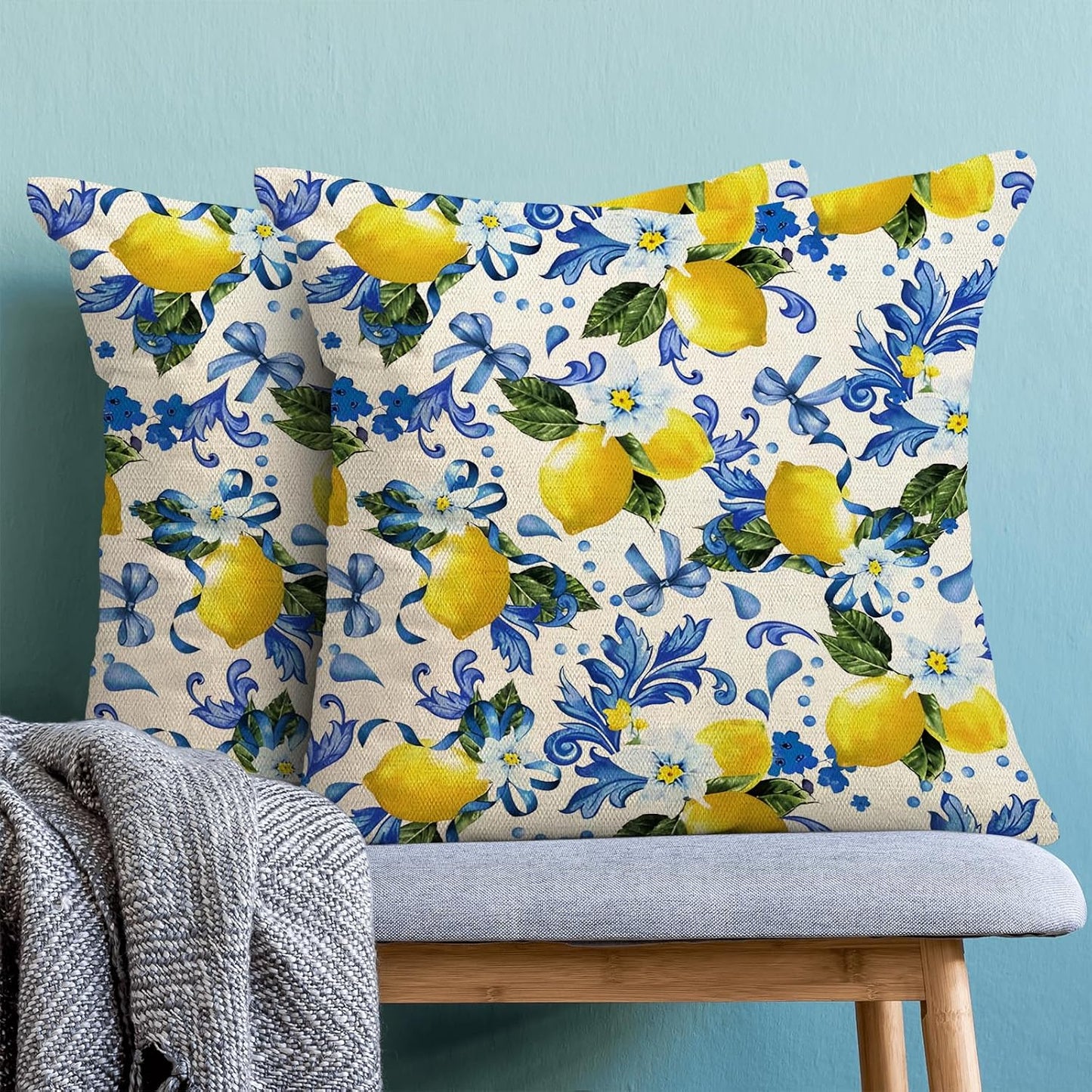 Spring Pillow Covers 18x18 Pack of 2 Blue Yellow Lemon Floral Throw Pillow Covers Outdoor Summer Seasonal Flower Decor Pillowcase Farmhouse Decorative Square Cushion Case for Home Couch