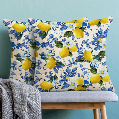Spring Pillow Covers 18x18 Pack of 2 Blue Yellow Lemon Floral Throw Pillow Covers Outdoor Summer Seasonal Flower Decor Pillowcase Farmhouse Decorative Square Cushion Case for Home Couch
