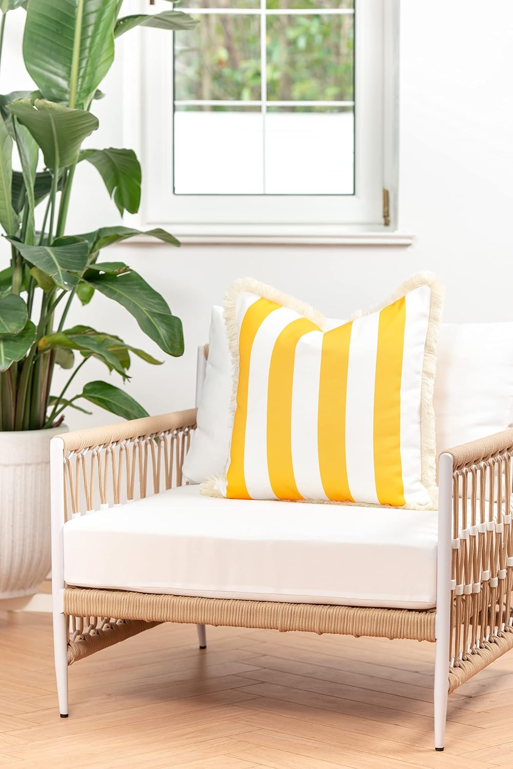Hofdeco Premium Coastal Patio Indoor Outdoor Pillow Cover Only, 20"x20" Water Resistant for Backyard, Couch, Yellow Stripe Fringe