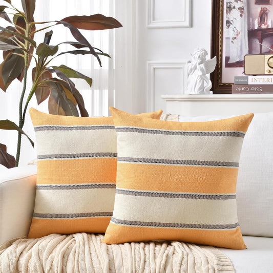 AmHoo Pack of 2 Farmhouse Linen Throw Pillow Cover Cushion Stripe Decoration Buffalo Retro Pillowcase with Hidden Zipper for Sofa Bedroom Car 22 x 22 Inch Yellow
