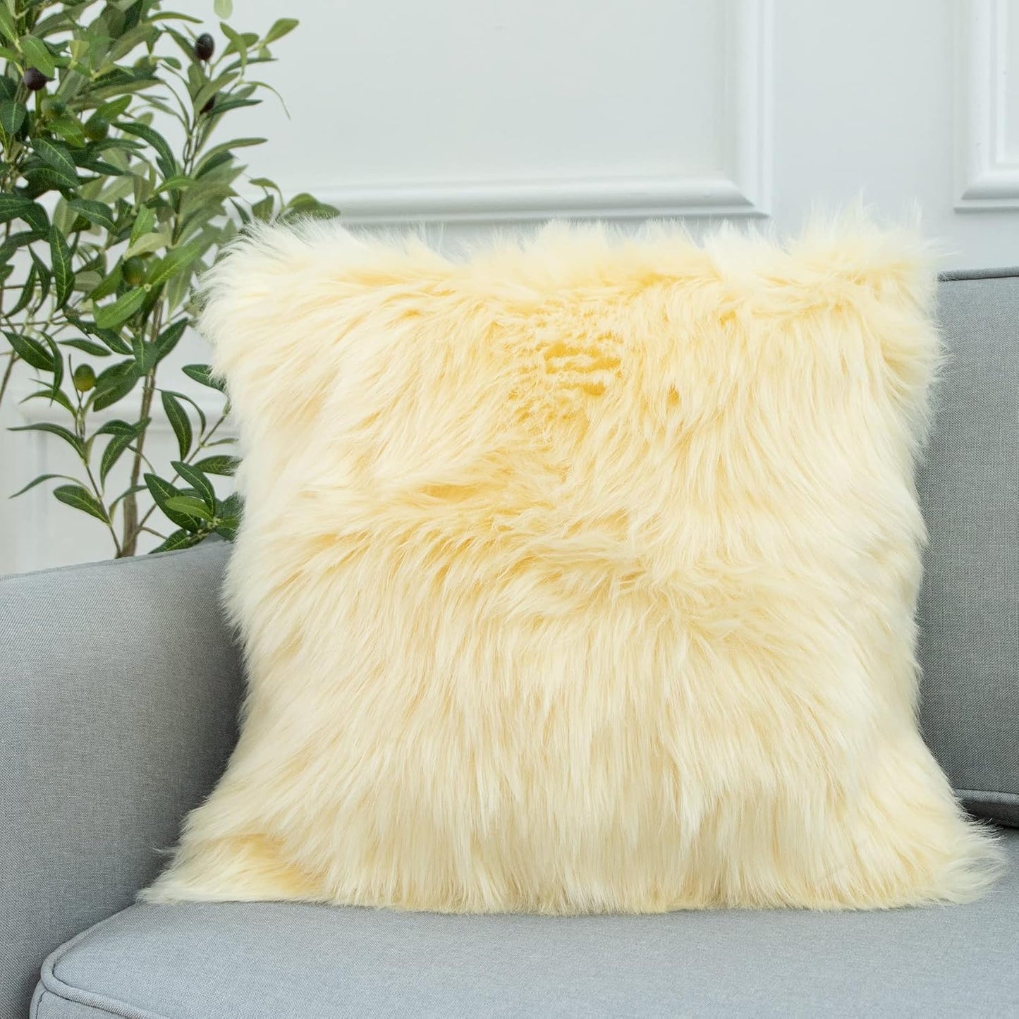 LIGICKY Luxury Series Soft Faux Fur Throw Pillow Cover Decorative Square Plush Pillow Case Cushion Cover for Couch Sofa Bed, 18" x 18" Light Yellow