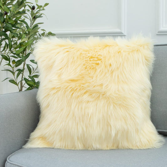 LIGICKY Luxury Series Soft Faux Fur Throw Pillow Cover Decorative Square Plush Pillow Case Cushion Cover for Couch Sofa Bed, 18" x 18" Light Yellow