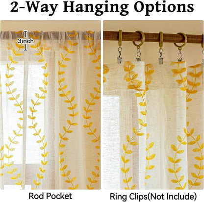 AmHoo 2 Panels Linen Leaf String Floral Embroidered Semi Sheer Curtain Farmhouse Voile Curtains for Living Room Bedroom Window Treatment Gold Yellow 52 x 84 Inch