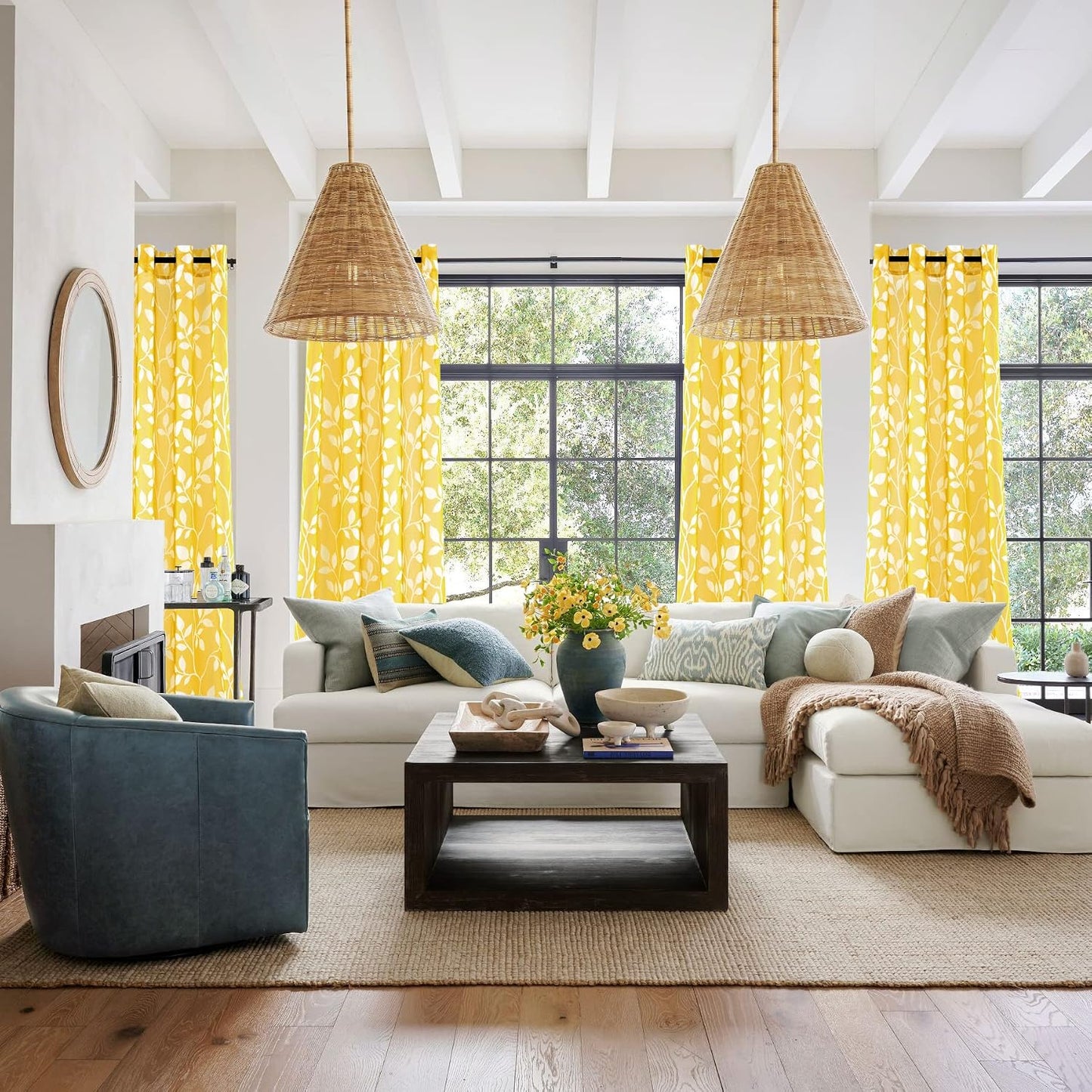 XTMYI Yellow Sheer Pattern Curtains for Living Room 84 Inches Long,Spring Decor Lightweight Leaf Floral Printed Curtains for Bedroom Dining Room 84 Inch Length 2 Panels Set,Mustard Yellow and White