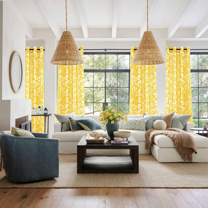 XTMYI Yellow Sheer Pattern Curtains for Living Room 84 Inches Long,Spring Decor Lightweight Leaf Floral Printed Curtains for Bedroom Dining Room 84 Inch Length 2 Panels Set,Mustard Yellow and White