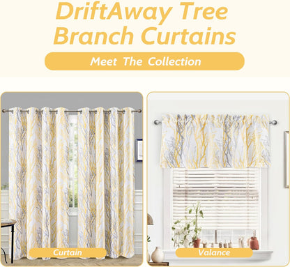 DriftAway Tree Branch Blackout Curtains Double Layer 84 Inches Long for Bedroom Printed Patterned Classic Thermal Insulated Summer Sound Lined Grommet Drapes for Living Room 2 Panels Yellow/White
