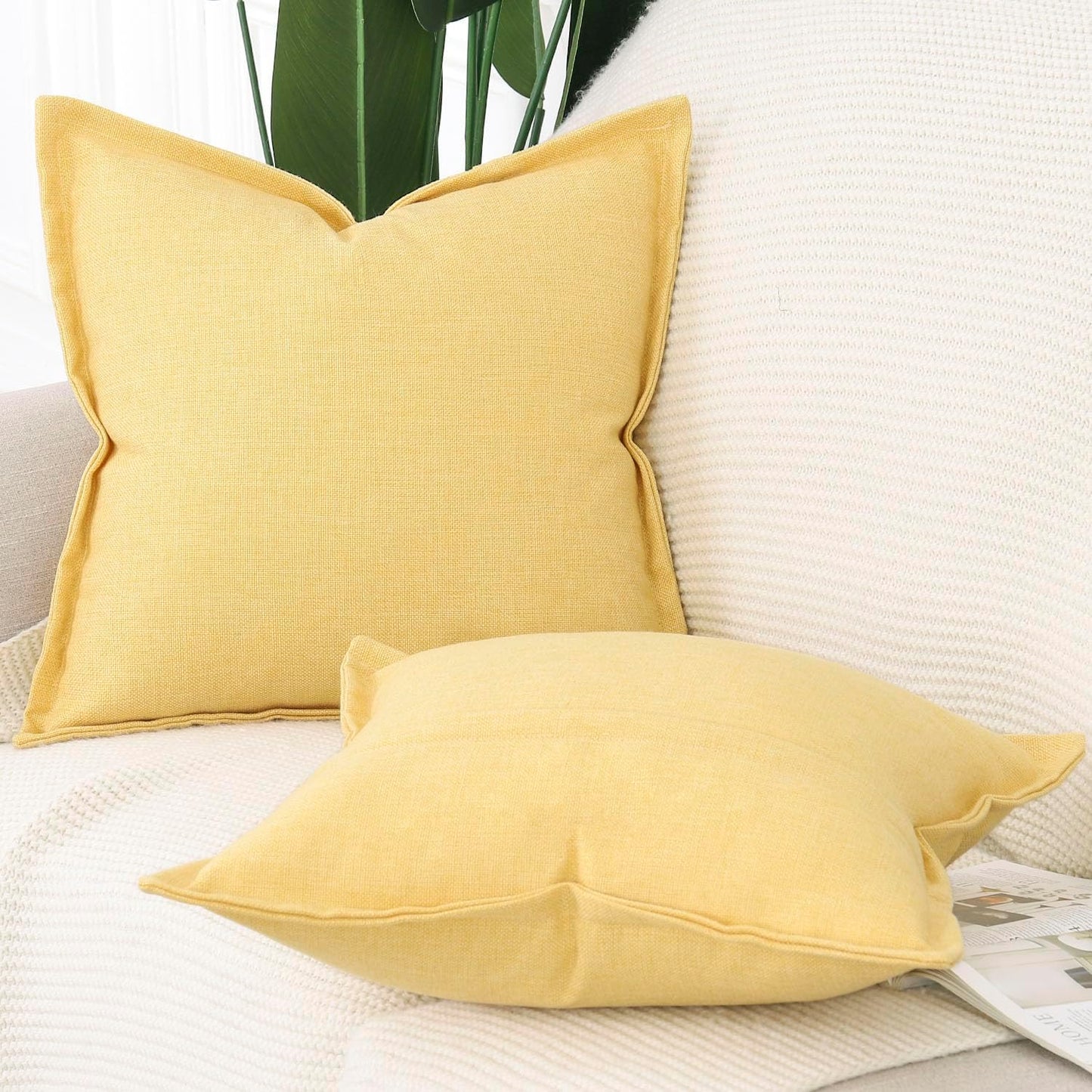 MADIZZ Pack of 2 Faux Rustic Linen Throw Pillow Covers with Flange Edge Soft Boho Natural Decorative Pillowcases for Sofa Living Room Modern Throw Pillows for Bed 16x16 Inch Yellow