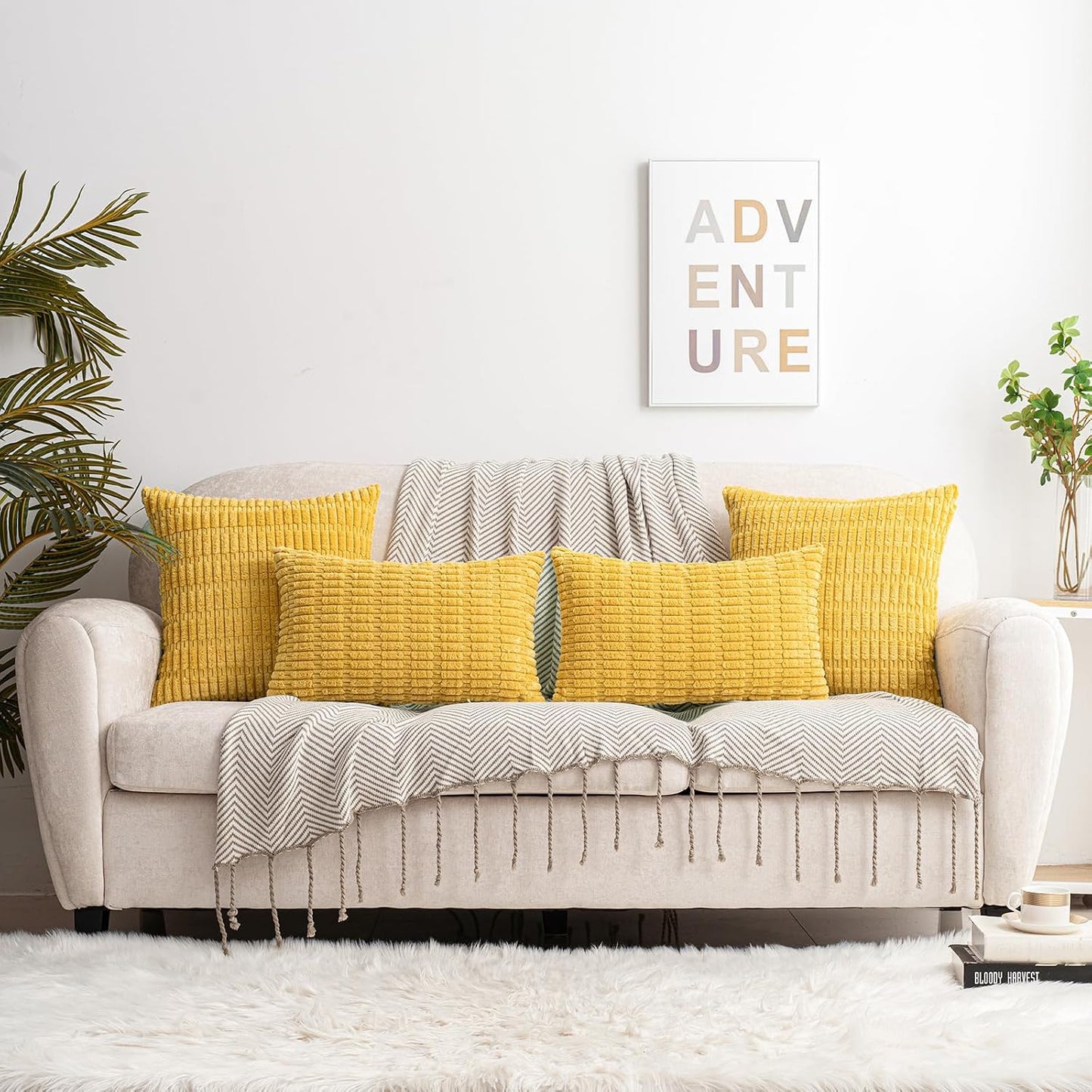 HWY 50 Mustard Yellow Corduroy Decorative Throw Pillow Covers 12x20 Inch Rectangle, Pack of 2, Soft Striped Farmhouse Boho Cushion Cases for Couch Sofa Bed Living Room