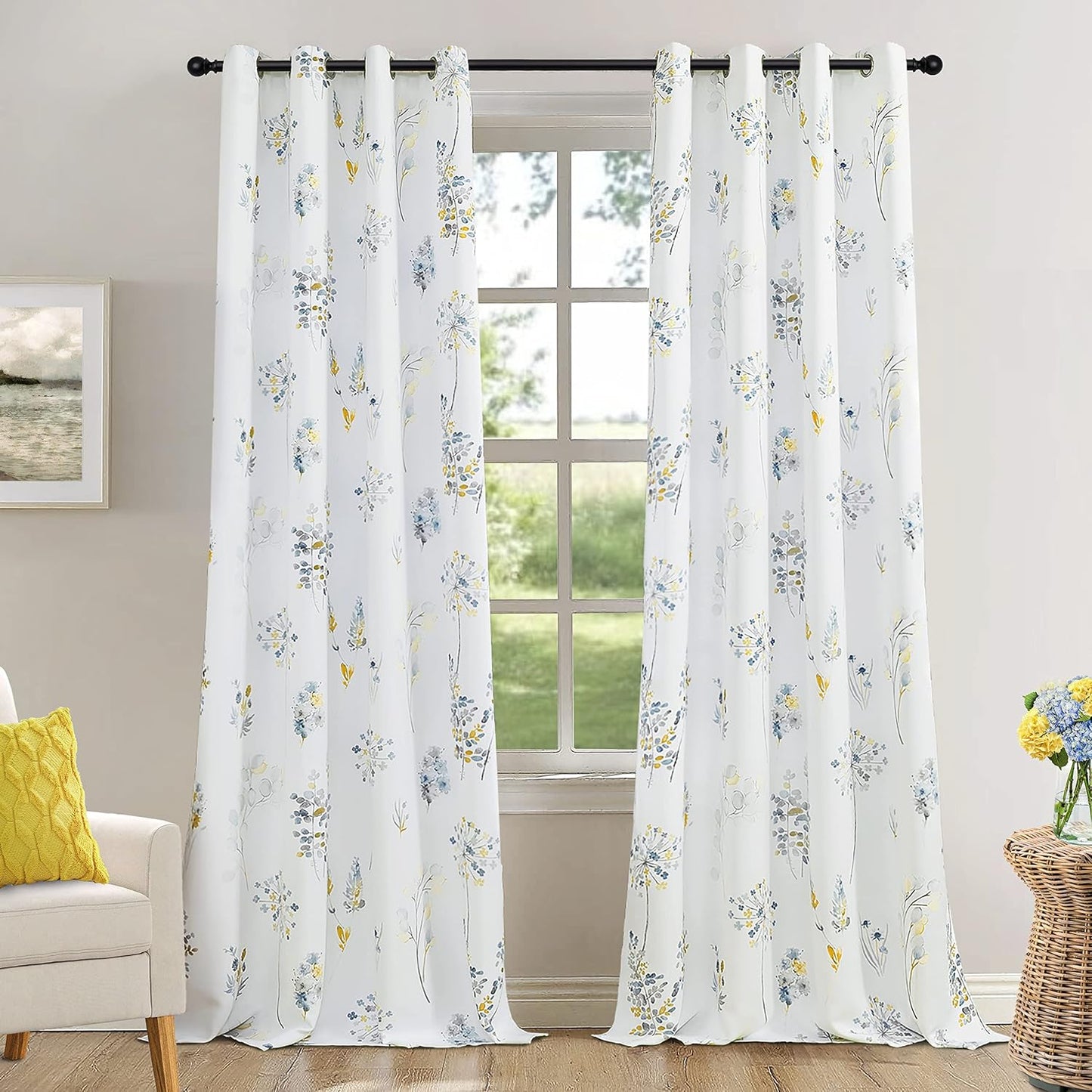 XTMYI Yellow and Blue Floral Spring Curtains for Living Room, Pretty Ditsy Flower Printed Drapes, Summer Decorative Patterned Semi Blackout Window Panels for Sunroom Sliding Glass Door, 52" W x 84" L