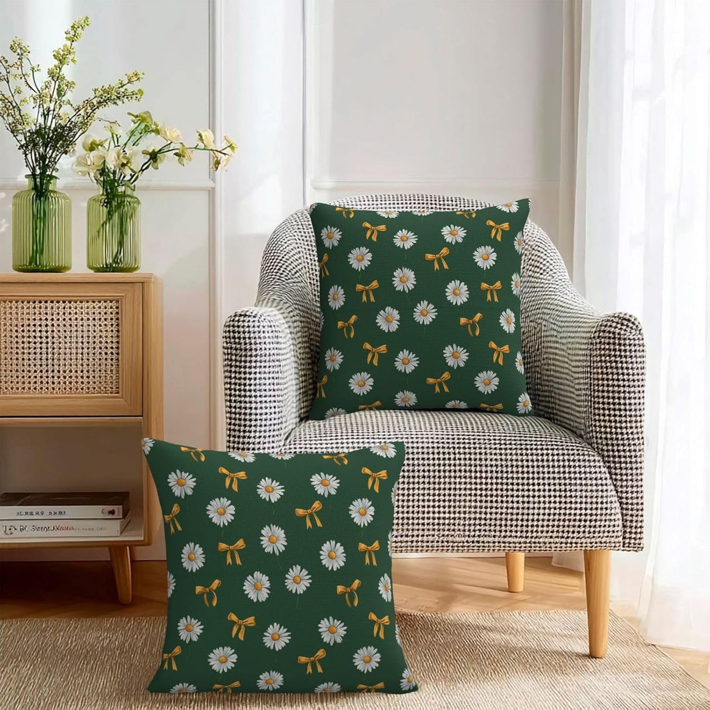 White Daisy Yellow Bows on Green Throw Pillow Covers Decorative 16x16 Pack of 2 Neutral Cushion Covers Farmhouse for Living Room Decor Sofa Bed