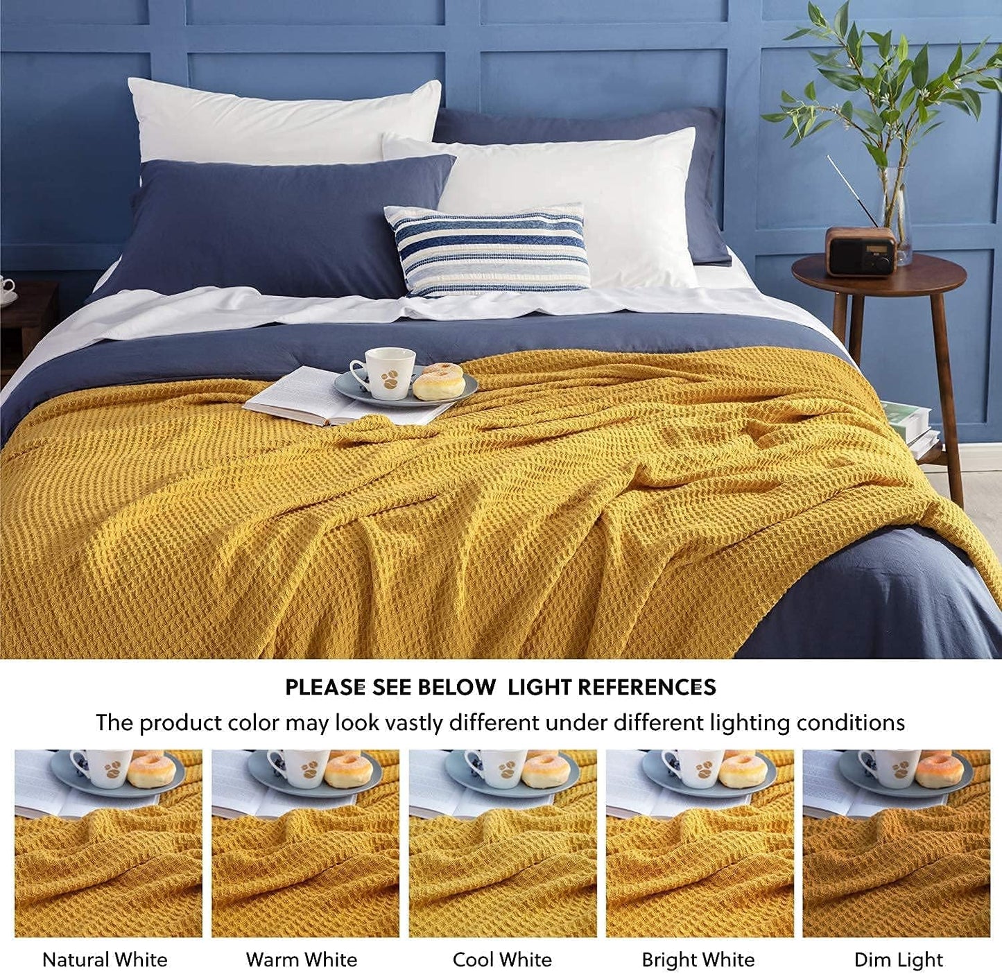 Luxurious Combed Cotton Waffle Weave Super Soft, Cozy Warm, Breathable, Light Weight, Stylish, All Season Thermal Blankets Twin/Full/Queen/King (Mustard Yellow, Full/Queen)