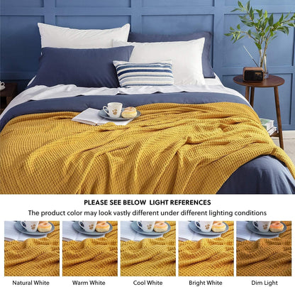 Luxurious Combed Cotton Waffle Weave Super Soft, Cozy Warm, Breathable, Light Weight, Stylish, All Season Thermal Blankets Twin/Full/Queen/King (Mustard Yellow, Full/Queen)