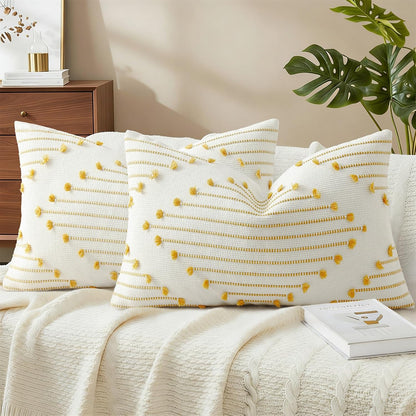 Mecatny Boho Summer Outdoor Throw Pillow Covers 12X20 Set of 2, Farmhouse Lumbar Pillow Covers for Couch Sofa Living Room, Yellow & White