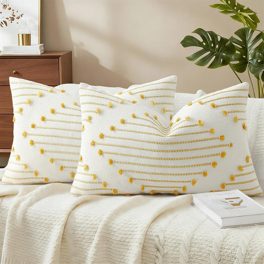Mecatny Boho Summer Outdoor Throw Pillow Covers 12X20 Set of 2, Farmhouse Lumbar Pillow Covers for Couch Sofa Living Room, Yellow & White